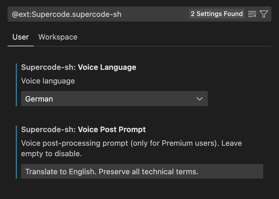Supercode Voice Settings